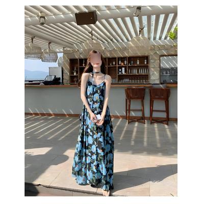 Sommer Strickpullover Temperament lässige Mode Strandrock Strandurlaub blau floral Trägerkleid Damen vielseitig