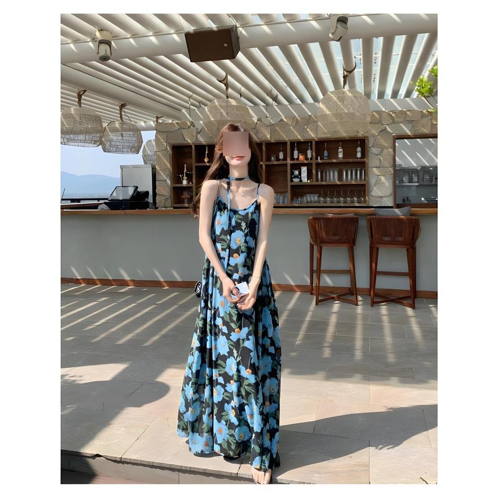 

Летний вязаный свитер темпераментный повседневный модный пляжная юбка морской отдых синее цветочное платье на бретелях женский универсальный XL- (recommended 110-60kg)