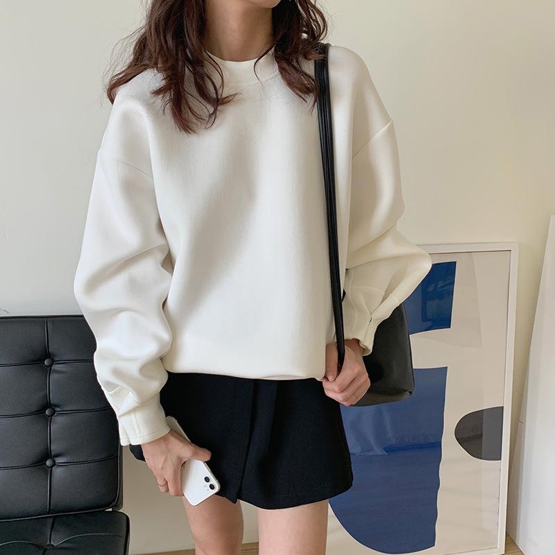 Solid Color Sweater Women's Space Cotton Loose Round Neck Long Sleeve Pullover Top