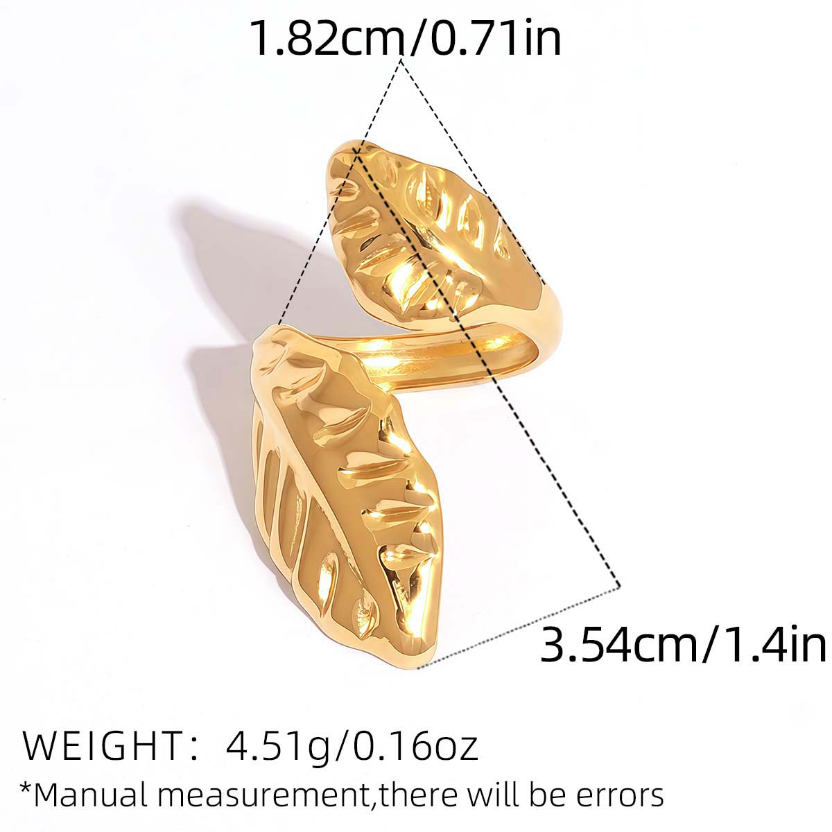 

Uself Stylish Design Stainless Steel Metal Leaf Leaves Open Ring Rust Proof Individualistic Fashion Zircon Water Resistant Gift
