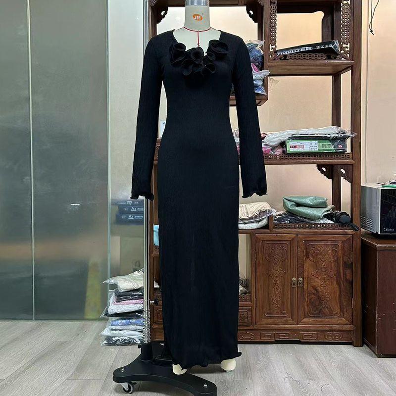 

Three-Dimensional Flower Decoration V Neck Long Sleeves Pure Color Wrinkles Dress Slimming Slit Long Dress Women s Autumn Dress Dresses Dresses Black XL