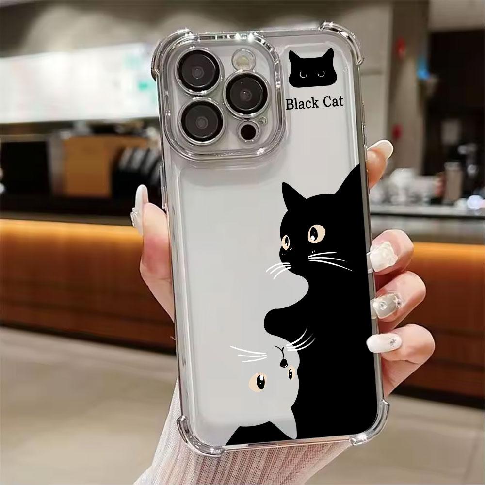 Black Cat Cartoon Art Phone Case for iPhone 11 13 15 16 17 Pro Max 14 Plus 17Air 16E 13 Pro 12 Mini 17Pro Shockproof Clear Cover