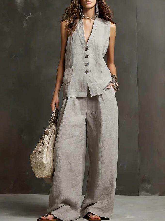 Women Sleeveless V Neck Button Up Vest And Wide Leg Pants Set Casual Loose Fit Linen Blend Two Piece Outfit