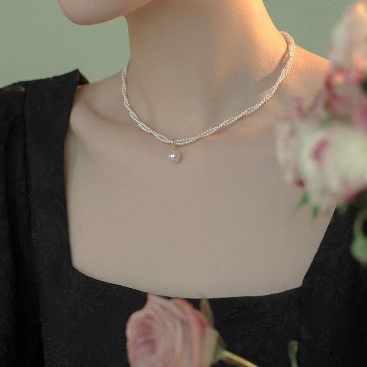 French small fragrant style retro double layer stacked pearl necklace sweet temperament niche design sense collarbone chain neck chain