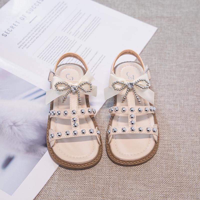 Girls Roman Sandals with Rivet Bow Kids Summer Beach Shoes Soft Sole Children Princess Dress Sandals for Party Wedding