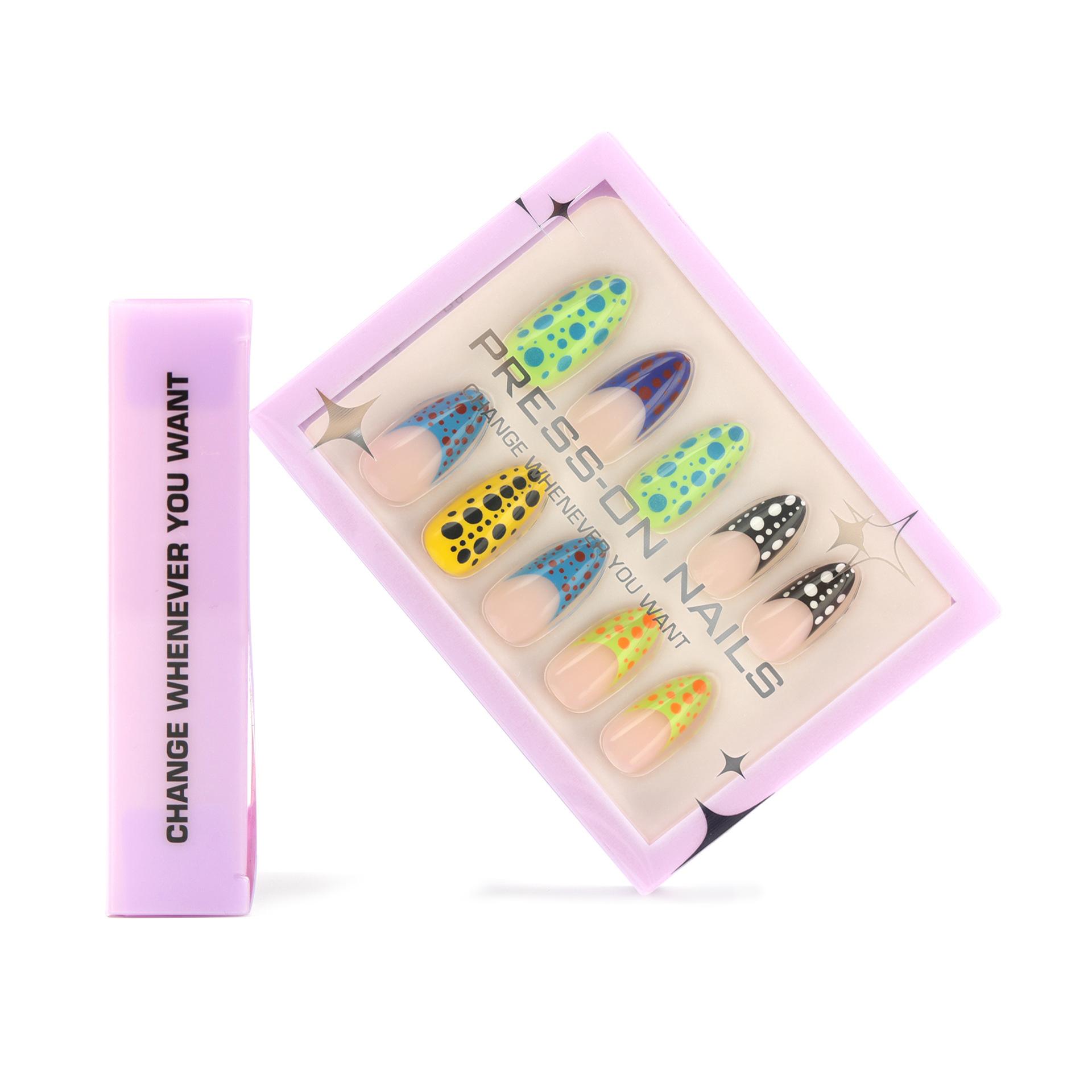 French Color Polka Dot Nail Art False Nail Short Almond Wearing Nail Film European and American Wearing Nail Film