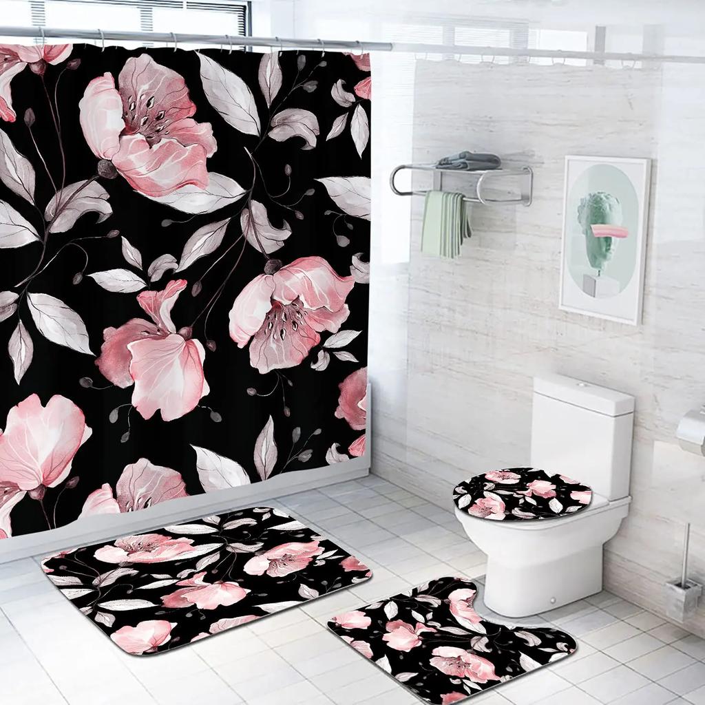 Elegant Blue Flower Shower Curtain Set Waterproof Bathtub Curtains Non-Slip Rugs Bath Mat Toilet Lid Cover Bathroom Set Decor