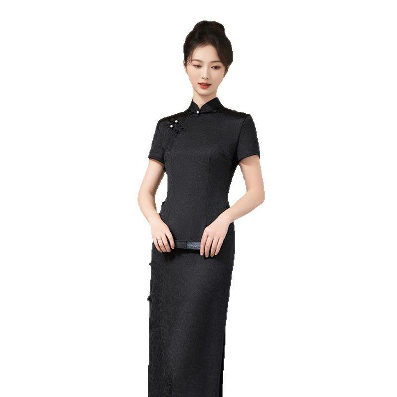 Black jacquard satin cheongsam spring and summer young temperament feminine slim new Chinese long cheongsam skirt