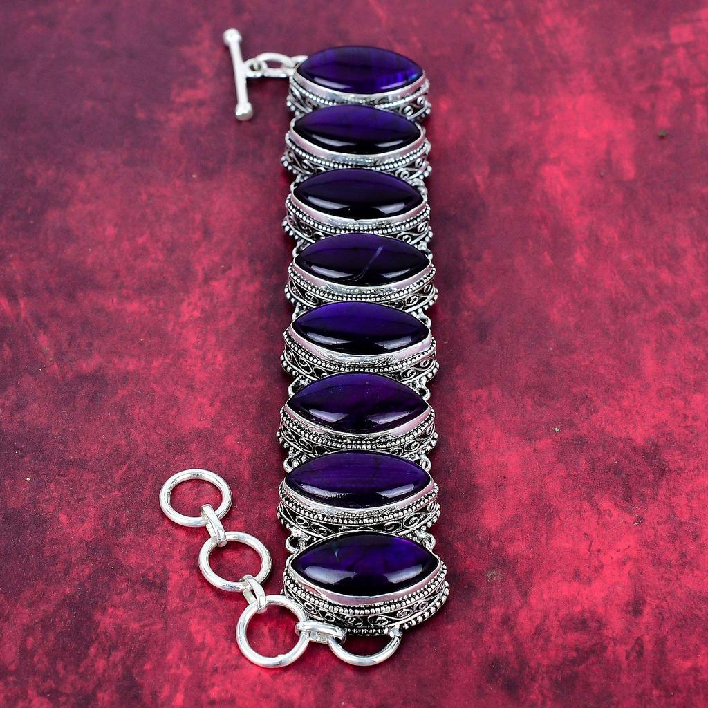 Purple Flash Labradorite 925 Solid Sterling Silver Bracelet With Adjustable Chain, Handmade Gemstone Jewelry, Bracelet For Memorial Day