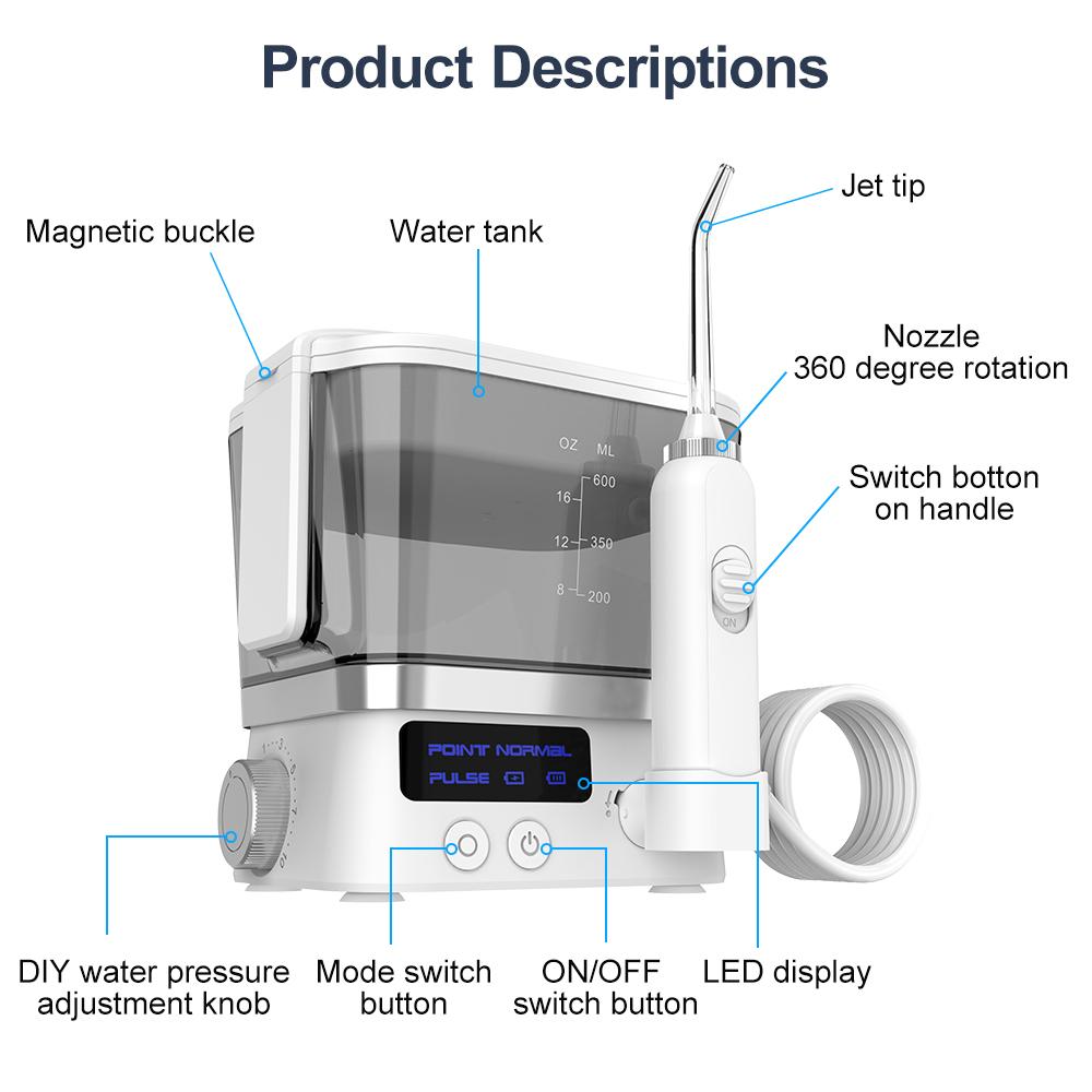 Irrigateur buccal électrique 600 ml, hydropulseur dentaire pour usage domestique, fil dentaire portable de table pour usage domestique