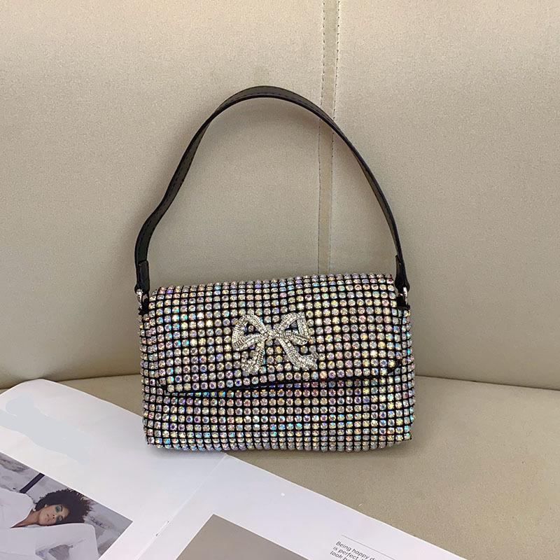 Full Rhinestone Bow Large Capacity Portable Personalized Banquet Diamond Flip Small Square Bag Underarm Crossbody