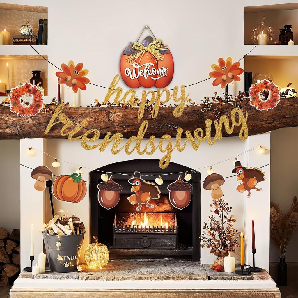 Happy Friendsgiving Banner Prestrung, Happy Thanksgiving Party Decorations, Friendsgiving Supplies for Party Home Office Mantel, NO DIY