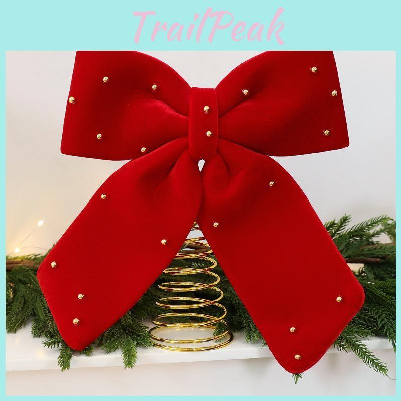 Flannel Red Bow Tree Topper With Embellished Star For Christmas Celebration