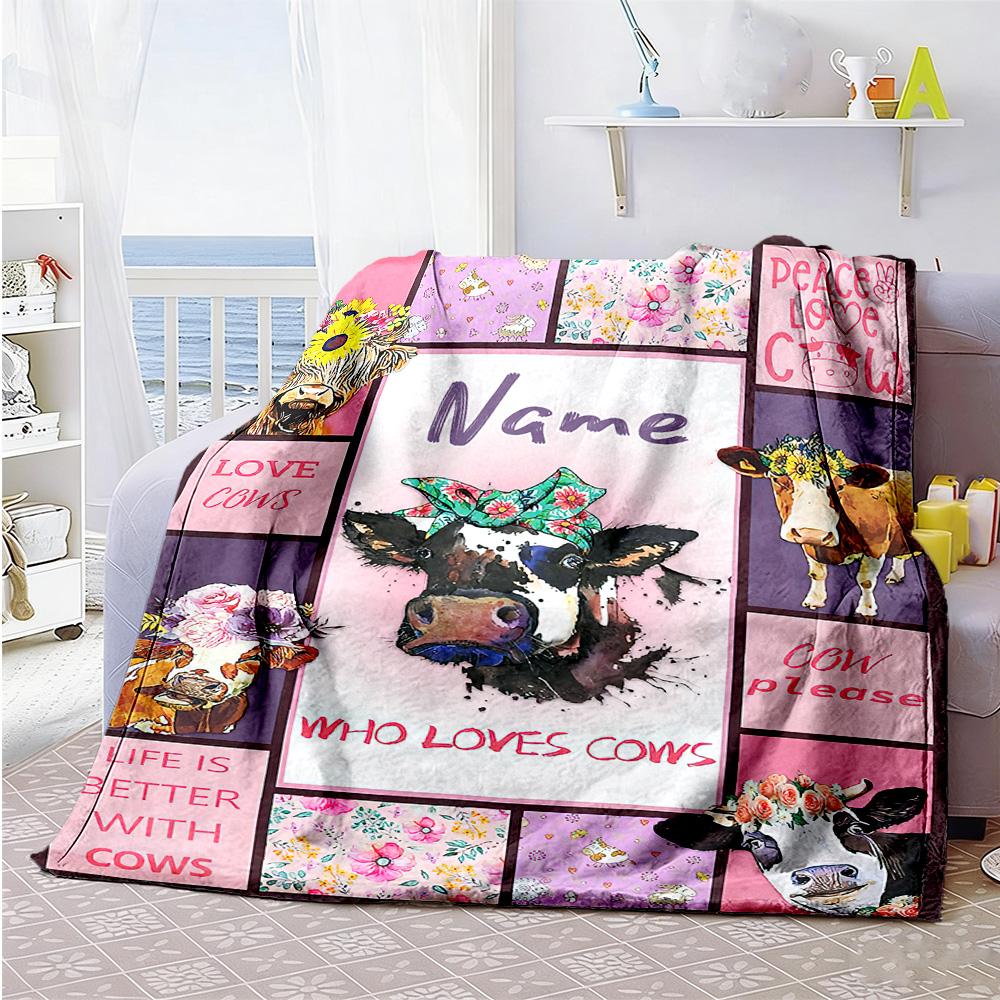 Pink Cow Customize Your Name Blanket Multi-purpose Personalized Blanket Comfortable Versatile for Livingroom Picnics Office Chair Couch