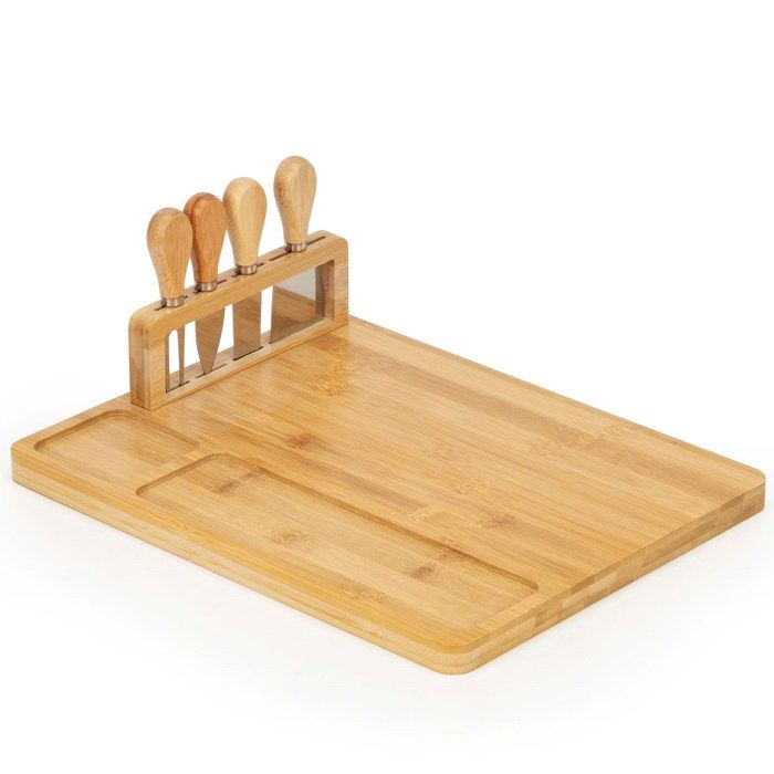 35x28 Cm Bamboo Cheese Board with Knives and Fork Plate for Serving Snacks and Charcuterie