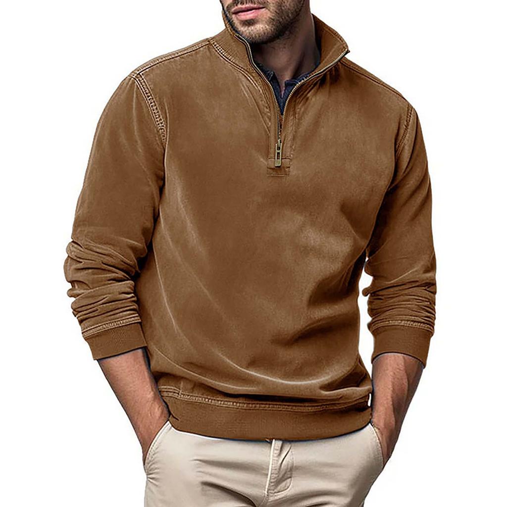 Men's Long Sleeved Zipper Stand Up Collar Sweatshirt Men's Collar Imitation Leather Thread Pullover Top