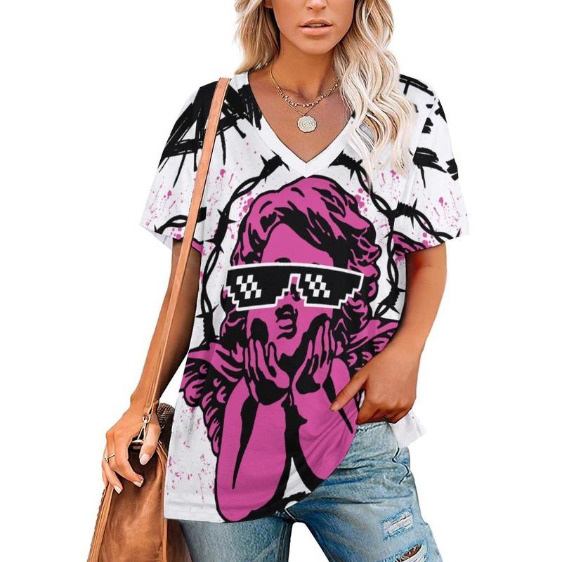 Sommermode 3D Floral bedruckte T-Shirts Damenbekleidung T-Shirt Tops Damen Casual Kurzarm V-Ausschnitt Tops Lockere Bluse