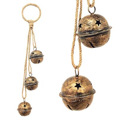 Sino de latão com 3 sinos de cluster, sinos de metal artesanais, harmonia, sinos de vaca pendurados, sinos pendurados na corda, decoração de árvore de Natal da sorte