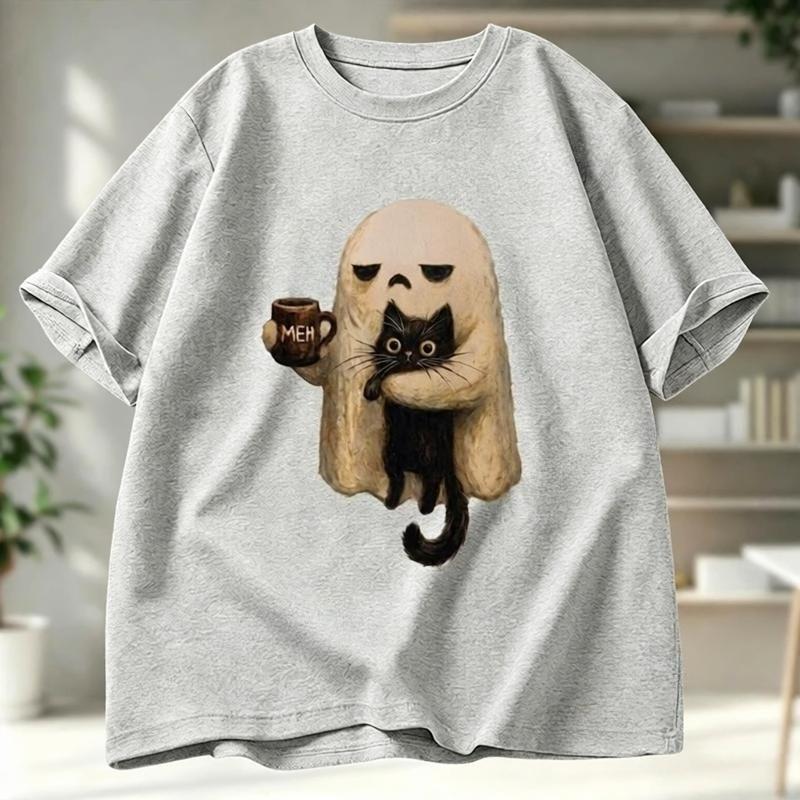 Ghost Cat Funny Aesthetic Graphic Women Tee Crewneck Short Sleeve Funny Halloween Design Summer Vintage Fashion Women Casual Tee