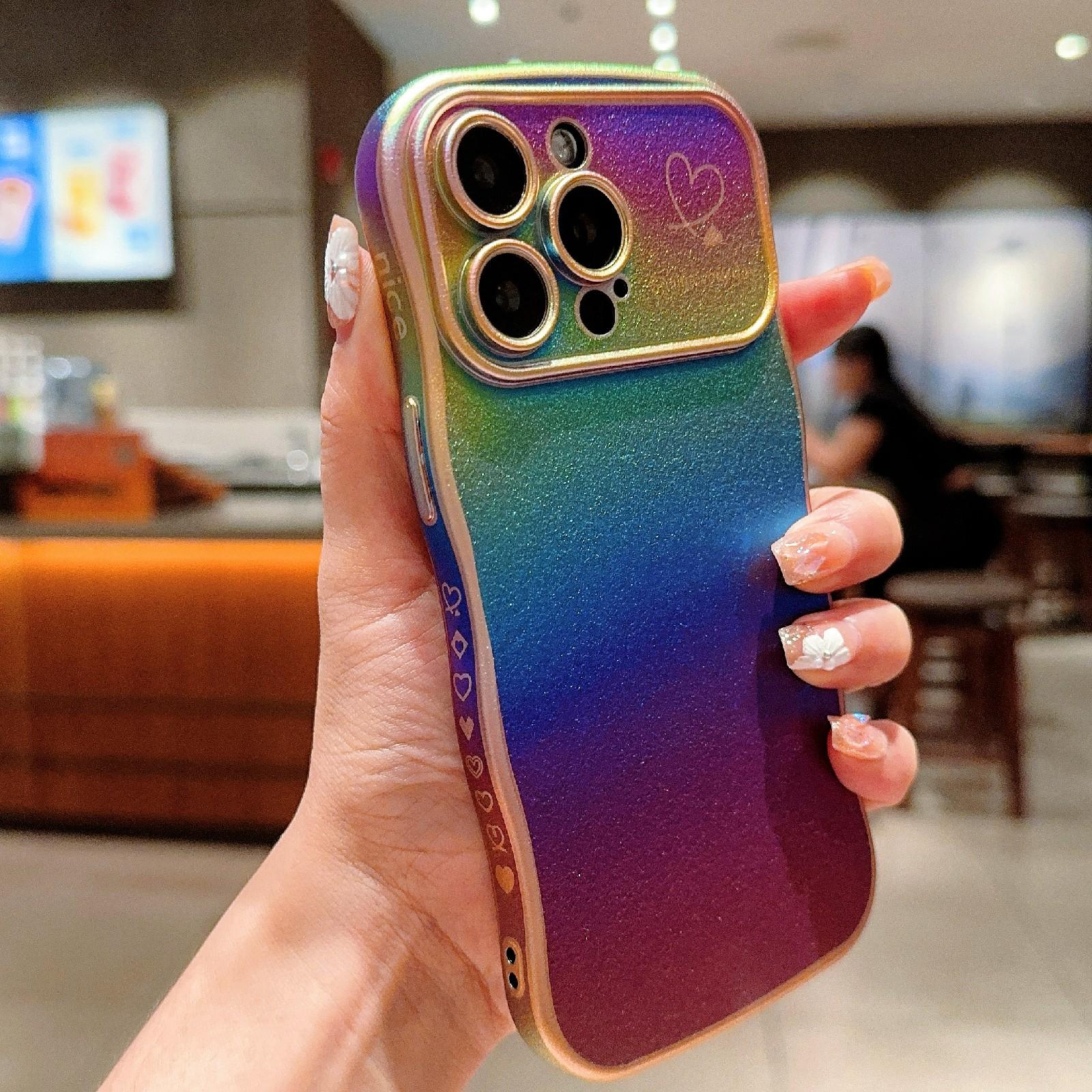 

For iPhone 15 Pro Case Curly Shape Love Heart TPU Phone Cover Iridescent Gradient Colorful