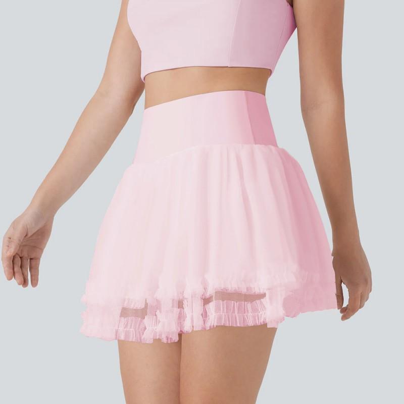 

Summer Elegant Mesh Yoga Sports Skirt Anti-exposure Base Tennis High Waist Slimming A-shaped S розовый