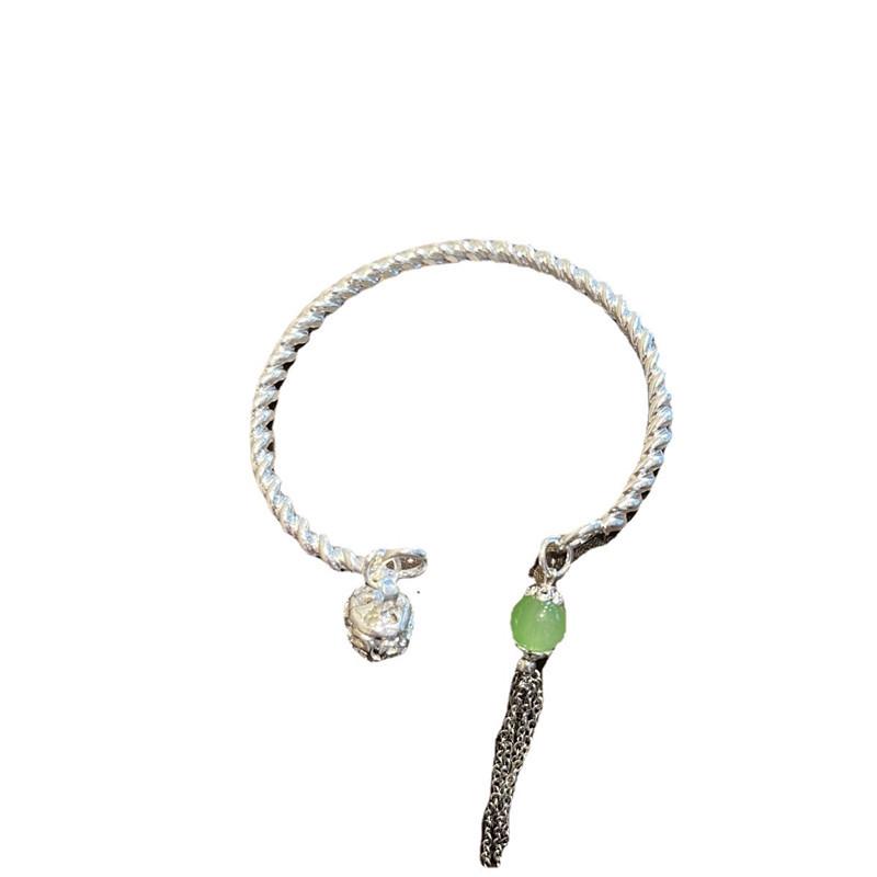 Retro Clear Green Bangle with Bells & Tassel - Women's High-End Bracelet