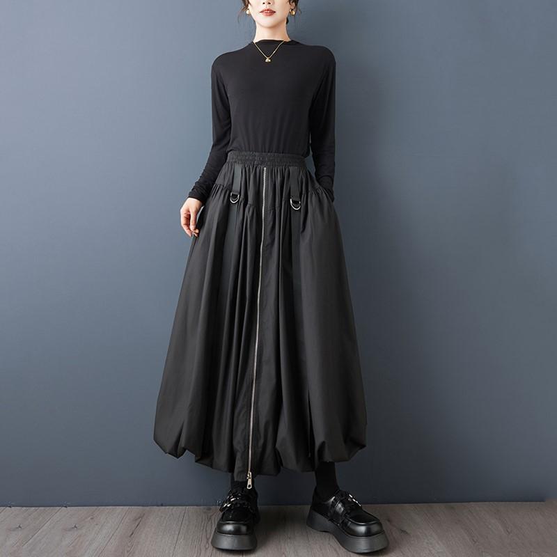 Übergröße Schwarz Hohe Taille Vintage Frühling Herbst Lässig Locker Lang für Frau Röcke Damenrock