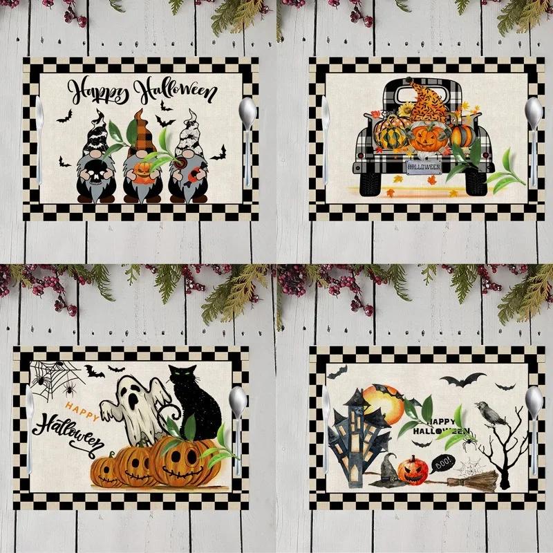 42x32cm Halloween Plaid Linen Dining Tables Mat Heat Resistant Placemat Table Drink Cup Coaster Kitchen Accessories Wholesale