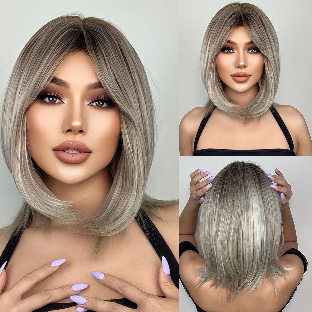 Dark Brown Short Bob Synthetic Hair Wigs with Bangs Straight Cosplay Lolita Natural Wig for Women Afro Blunt Cut Heat Resistant