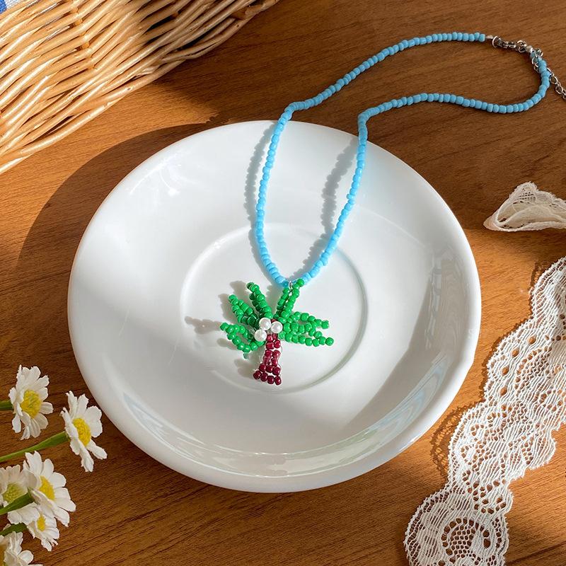 

Ожерелье с подвеской в виде кокосовой пальмы из титановой стали, стеклянных бусин и рисовых бусин, уникальный дизайн, цепочка для ключицы, нишевая модная вещь, ювелирное изделие для женщин