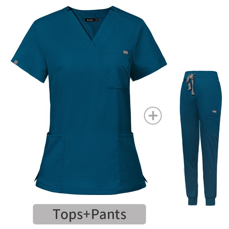 Elastic V-Neck Short Sleeve Nurse Uniform Set for Women - Surgical Scrub Suit in Stock