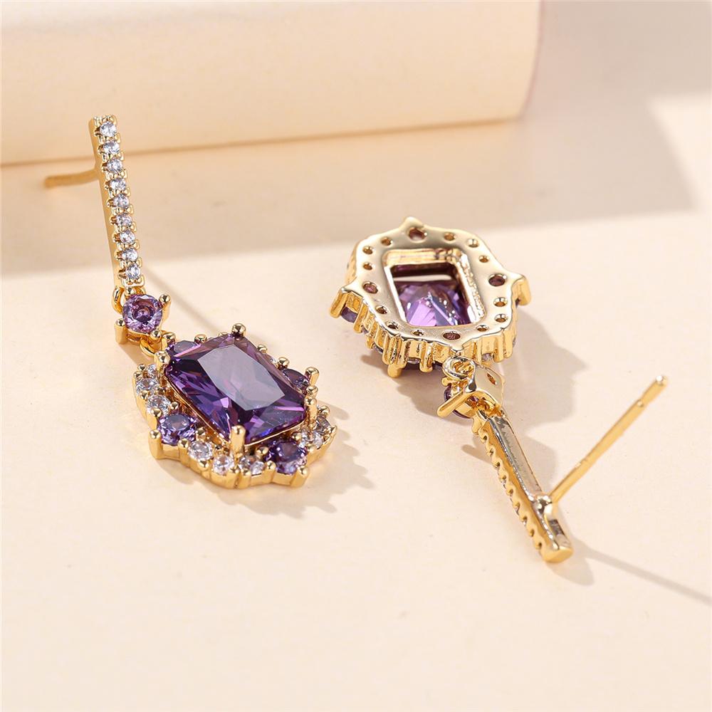 Luxury Female Purple Red Square Zircon Stone Drop Dangle Earrings Unique Gold Color Evening For Women