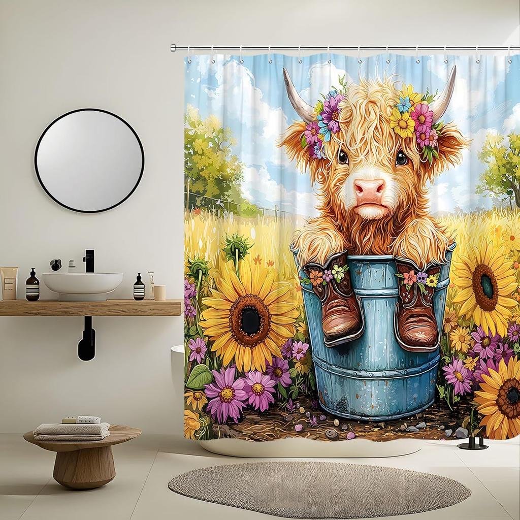 Rustic Farmhouse Cow Shower Curtain Western Sunflower Cute Highland Cows Cattle Farm Animal Fall Watercolor Flower Country Women