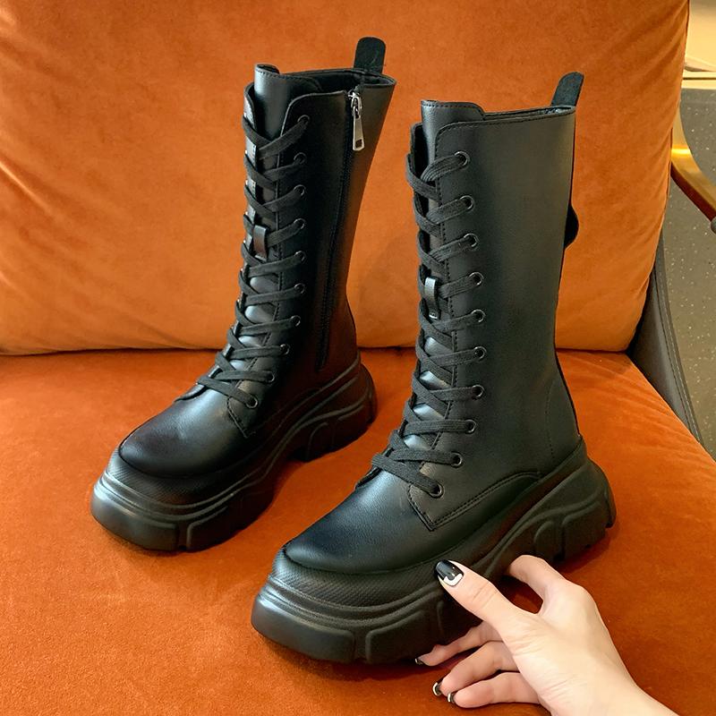 Cheap New Arrivals Women Shoes Real Leather Mid Calf Boots Thick Bottom