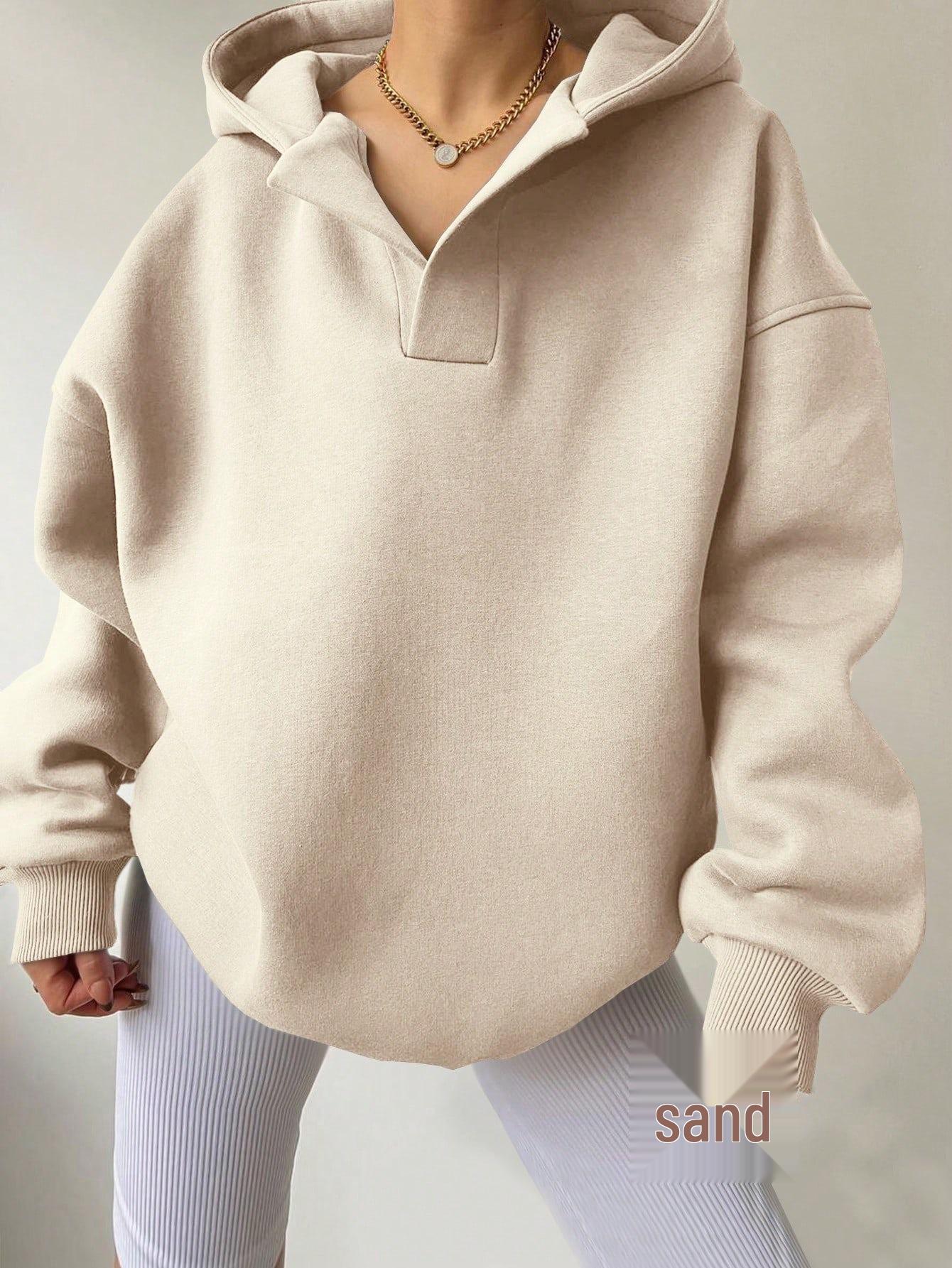 

Женская толстовка с капюшоном однотонная, осень/зима 2024 - европейский и американский стиль, длинный рукав, худи свободного кроя M грязно-белый