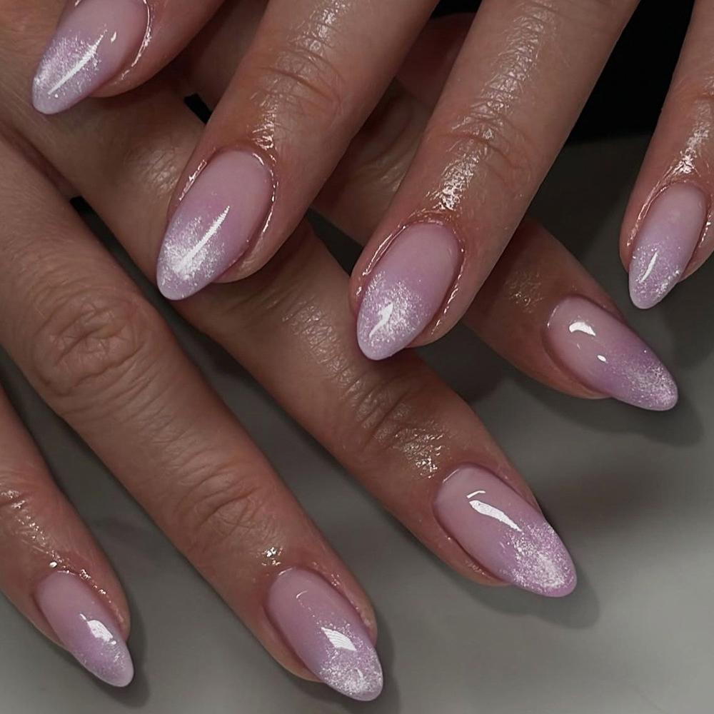 24Pcs Metallic Cat Eye French Sheer 3D Textured Almond Medium Nude Pink Press On Fake Nails