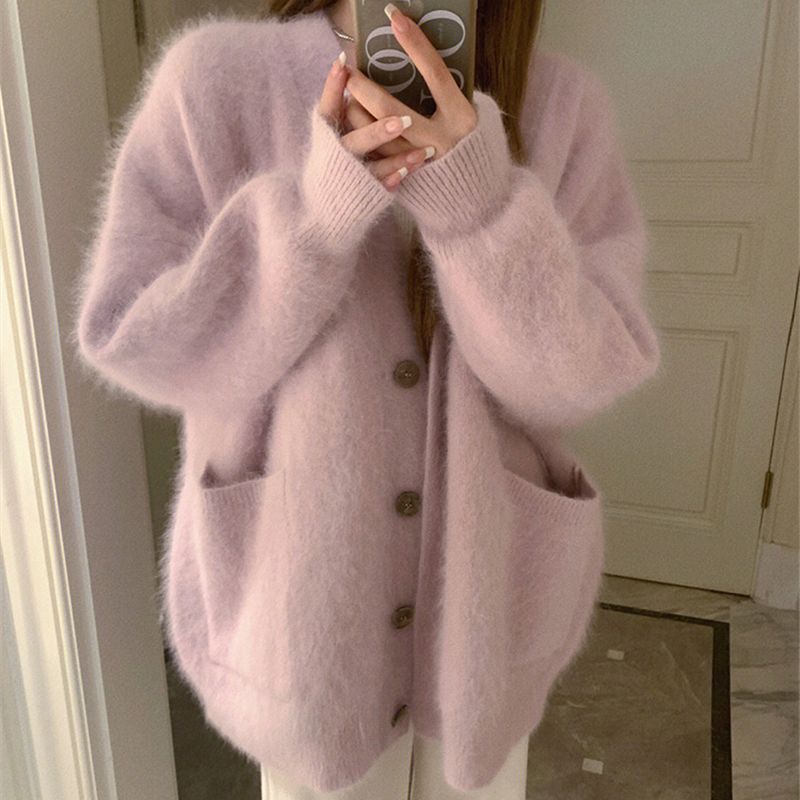 

Limiguyue норковый кашемировый кардиган, однобортный женский вязаный розовый свитер, осень-зима, трикотаж большого размера, свободный повседневный