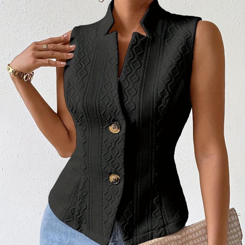 Women's Elegant V-Neck Sleeveless Blazer Vest Solid White Textured Button-Down Slim Fit Waistcoat Top