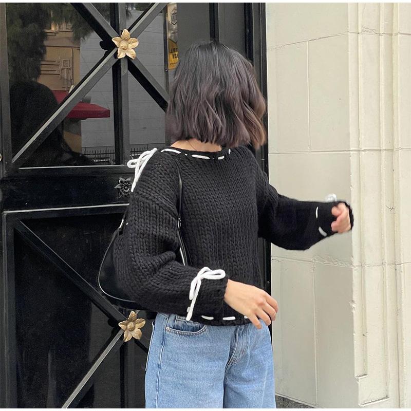 Повседневный свободный свитер женский модный бант на шнуровке косой воротник женский — фото 13