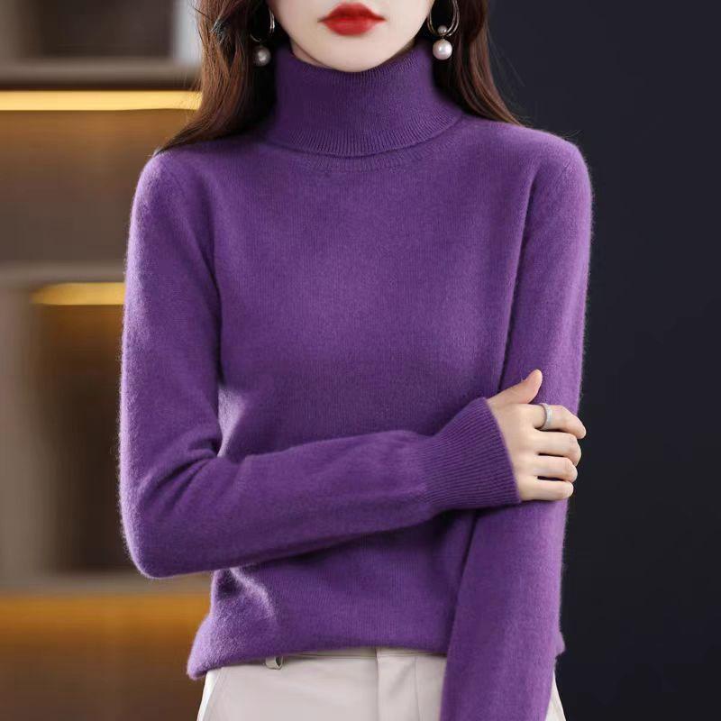 Turtleneck Cashmere Sweater for Women's Spring Autumn and Winter Casual Long-sleeved Pullover Solid-color Knitted Sweater and Slim Lapel Top