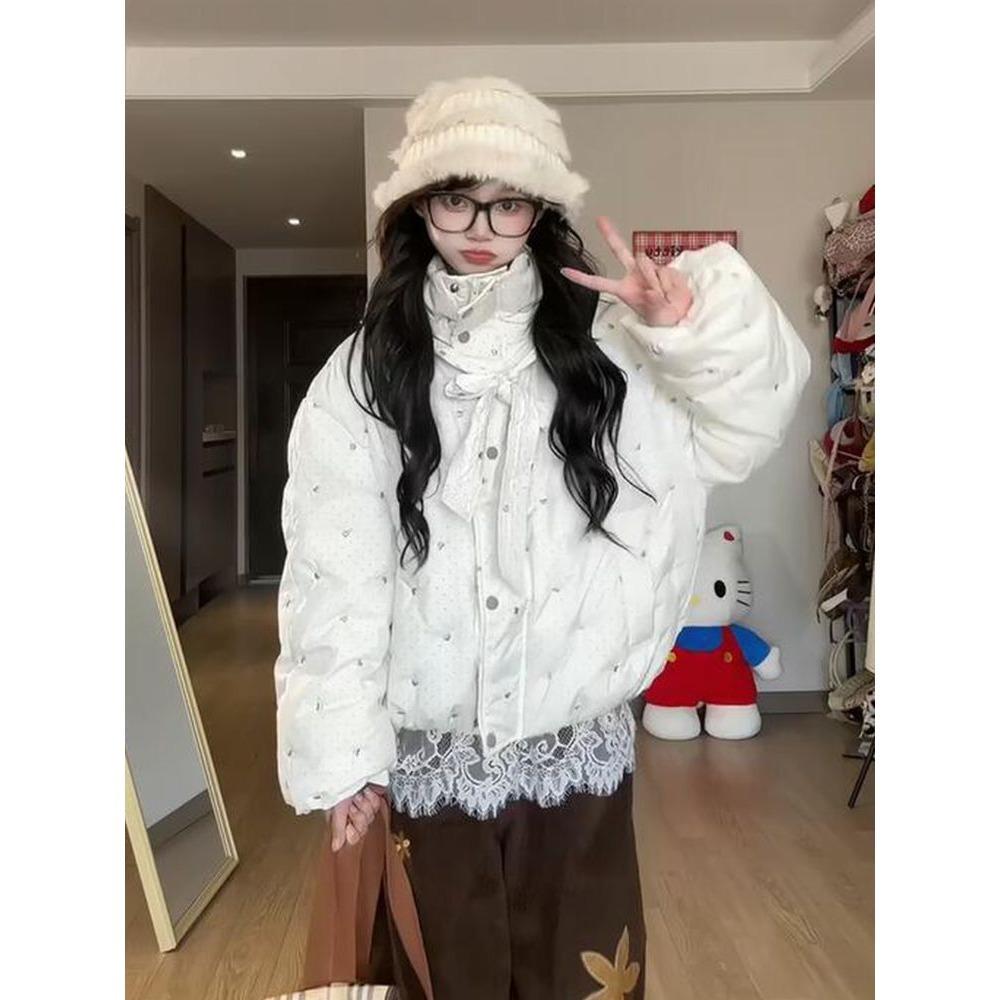 Sweet polka dot floral cotton-padded jacket women's winter bow warm bread jacket thickened cotton-padded jacket