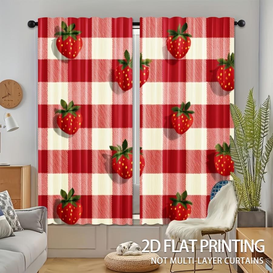 Digital Printed Curtains with Strawberry Plaid Design, Stylish Window Drapes for Living Room Bedroom Home Decoration