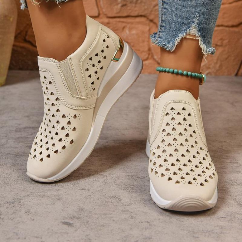 2026 New Hollow Out Wedges Sneakers Women Plus Size Pu Leather Thick Sole Loafers Woman Slip On Breathable Casual Shoes Female