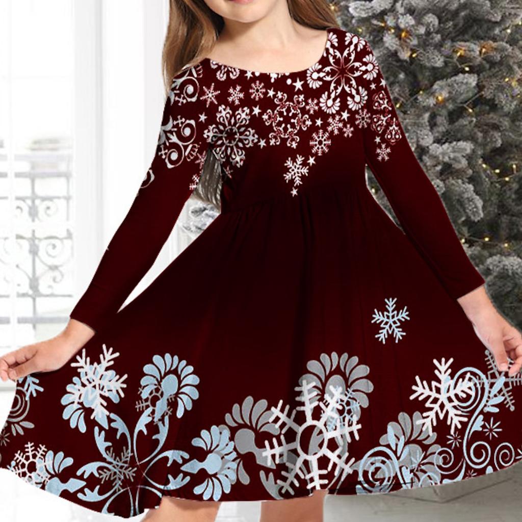 Spring Girl Casual 3D Red Flower Snowflake Print Round Neck Long Sleeve Dress Kid Princess Dress