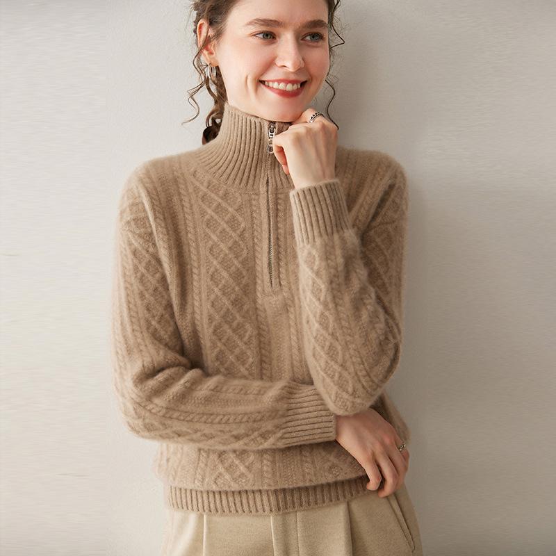 Women's High Neck Zipper Cashmere Sweater: Thick Cable Knit, Loose Fit, Slimming Base Layer for Autumn/Winter