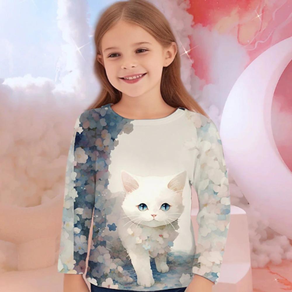 Kids Crew Neck Long Sleeve T‑Shirt, Cute Cat 3D Print Casual Loose Halloween Party Daily Wear Tops for Children