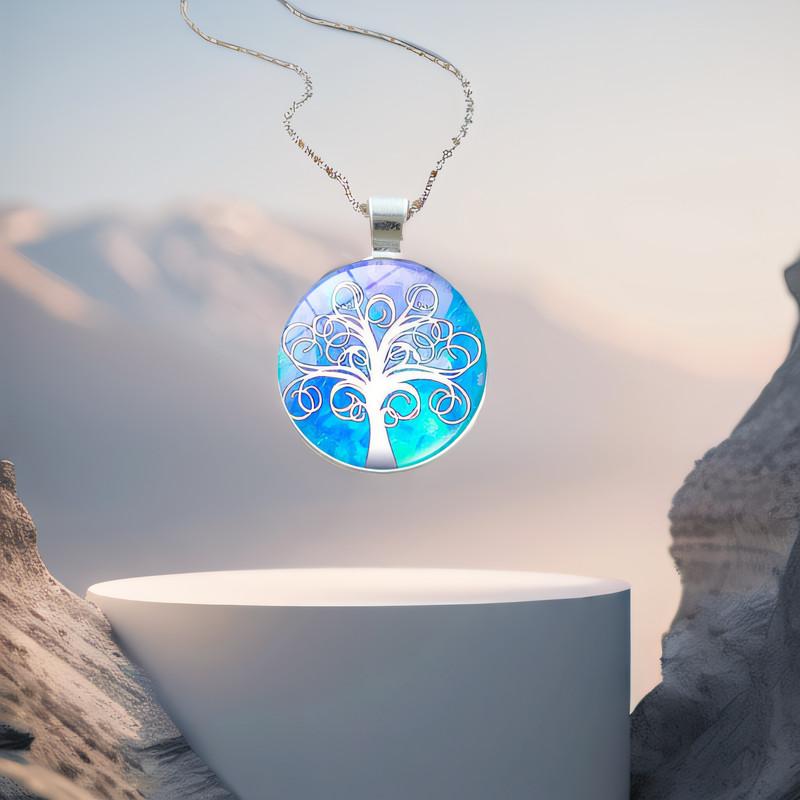 Elegant Tree Pattern Pendant Necklace In Vintage Silver Color With Classic Glass Cabochon