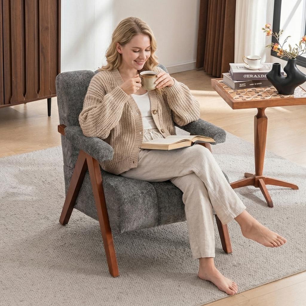 Bouclé Accent Seating with Wooden Frame, Armchair for Living Room, Bedroom, Grey
