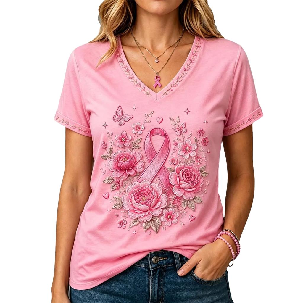 Women's V-Neck Short Sleeve Printed T-Shirt Casual Pullover Top