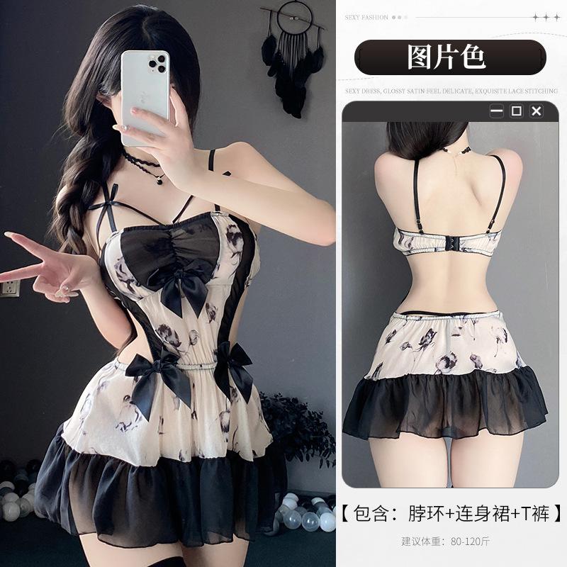 New sex underwear sexy ink printing tube top nightdress sexy pure desire perspective temptation bed free-of-charge set